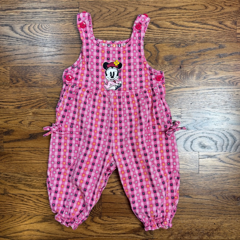 Vintage Baby Mickey & Co. 90’s Pink Plaid Embroidered Cotton Overalls 12M